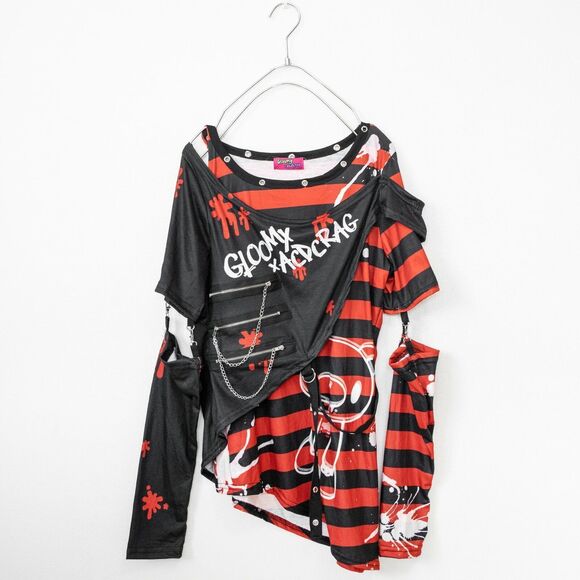Gloomy Bear Goth Emo Punk Rock Raver Skater Shredded Top Small - Red/Black - Picture 1 of 2